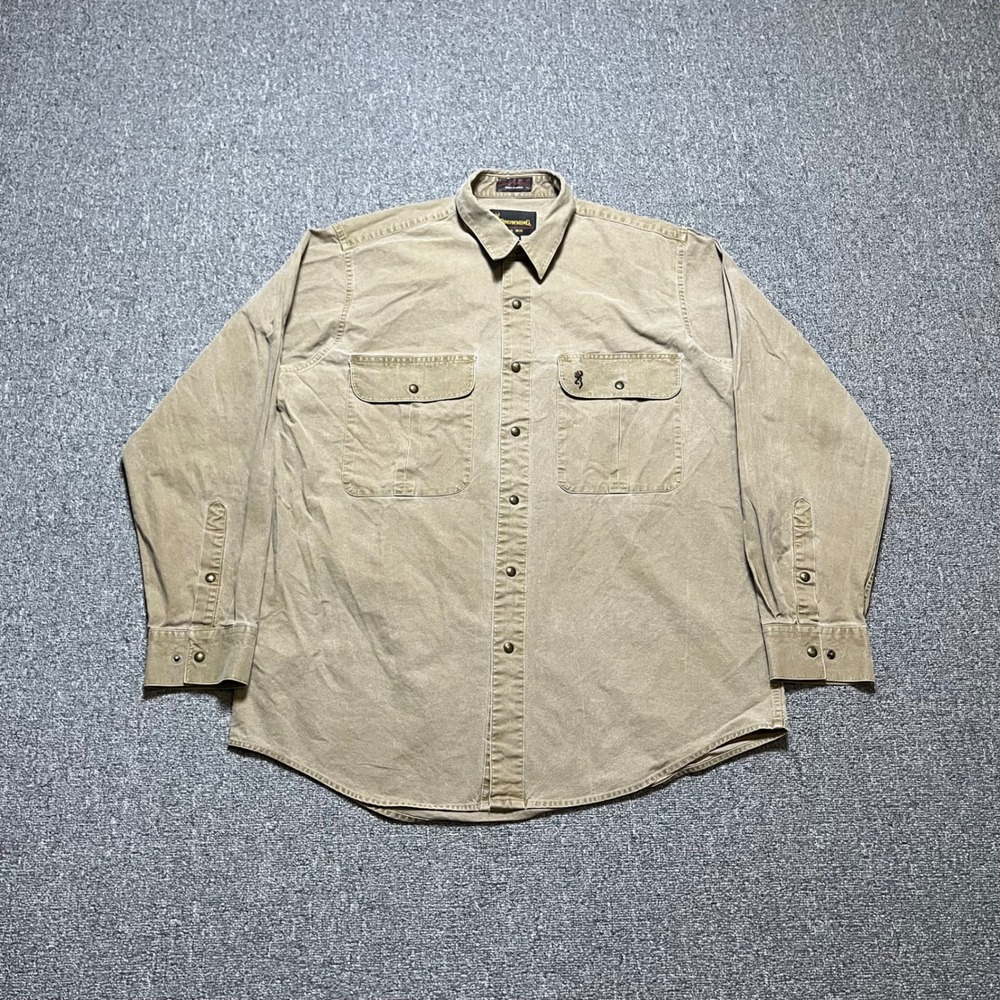 Browning Canvas Button Up Shirt Large Tan Cotton Long Sleeve Workwear Hunting